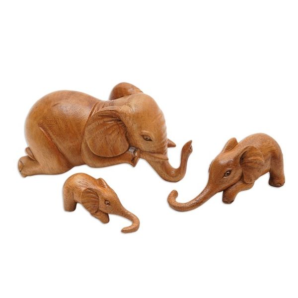 Alternate image for Hand-Carved Elephant Suar Wood Sculptures Set of 3 Family Fun