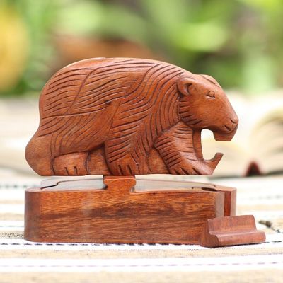 Alternate image for Hand Carved Suar Wood Bear Puzzle Box Hungry Bear