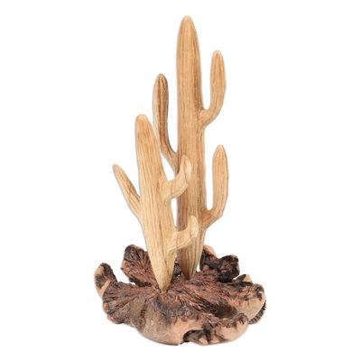 Alternate image for Handcrafted Wood Cactus Sculpture with Mushroom-Like Base The Cactus