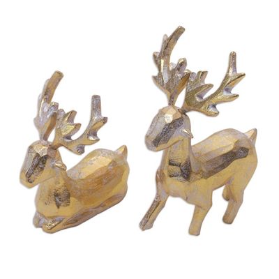 Alternate image for 2 Golden Holiday Reindeer Wood Figurines Handmade in Bali Golden Reindeer