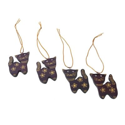 Alternate image for Set of 4 Mahogany Wood Cat Ornaments from Bali Sweet Felines