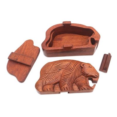 Alternate image for Hand Carved Suar Wood Bear Puzzle Box Hungry Bear