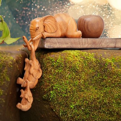 Alternate image for Hand-Carved Elephant Suar Wood Sculptures Set of 3 Family Fun