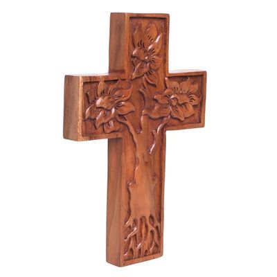 Alternate image for Hand-Carved Tree-Themed Suar Wood Wall Cross from Bali Peaceful Mangrove
