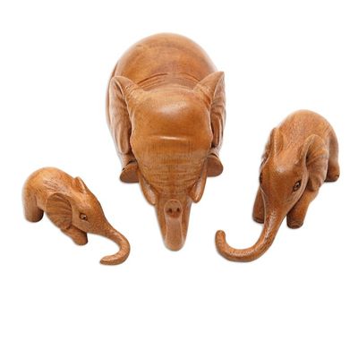 Alternate image for Hand-Carved Elephant Suar Wood Sculptures Set of 3 Family Fun