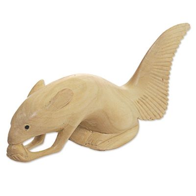 Alternate image for Hand Carved Squirrel Natural Jempinis Wood Statuette Feasting Squirrel