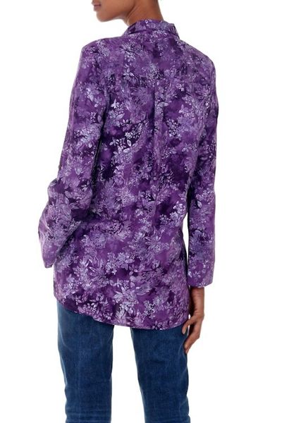Alternate image for Hand Stamped Purple Floral Batik Rayon Shirt for Women Purple Lily