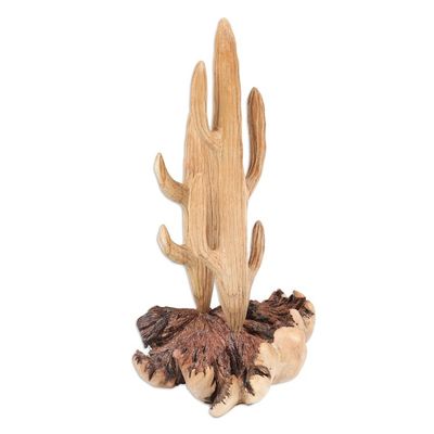 Alternate image for Handcrafted Wood Cactus Sculpture with Mushroom-Like Base The Cactus