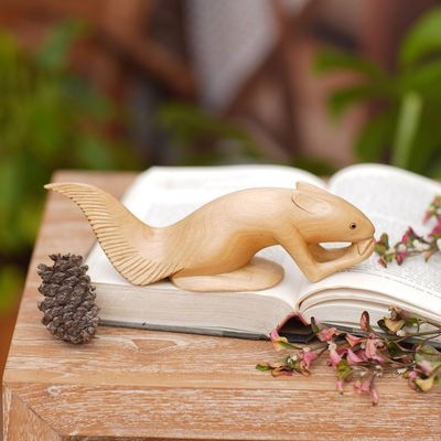 Alternate image for Hand Carved Squirrel Natural Jempinis Wood Statuette Feasting Squirrel