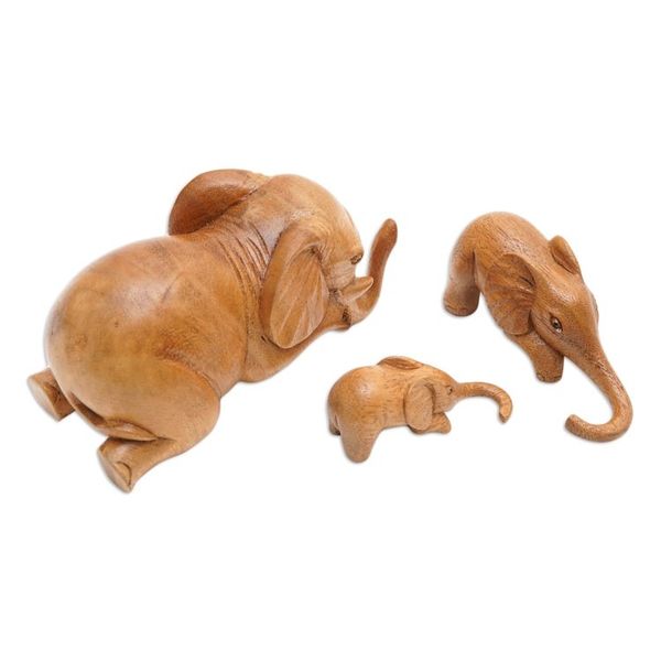 Alternate image for Hand-Carved Elephant Suar Wood Sculptures Set of 3 Family Fun