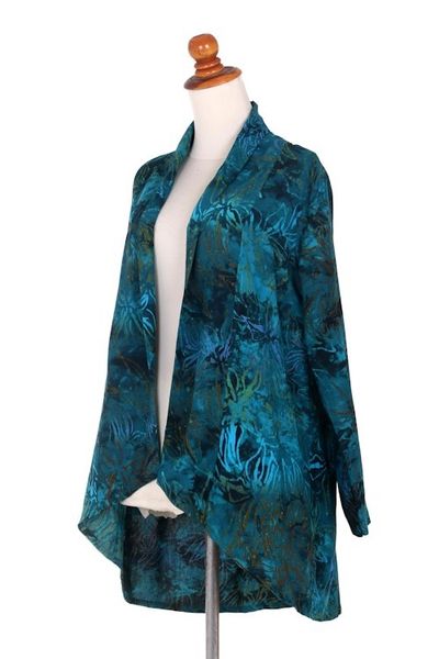 Alternate image for Long Sleeve Womens Rayon Jacket with Teal Floral Print Kenanga