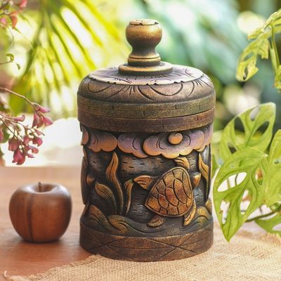 Alternate image for Handmade Mahogany Turtle Motif Lidded Box from Bali Turtle Paradise