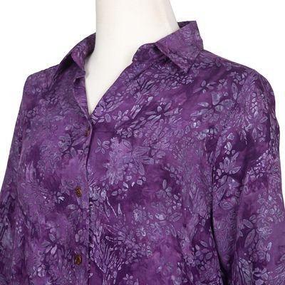 Alternate image for Hand Stamped Purple Floral Batik Rayon Shirt for Women Purple Lily