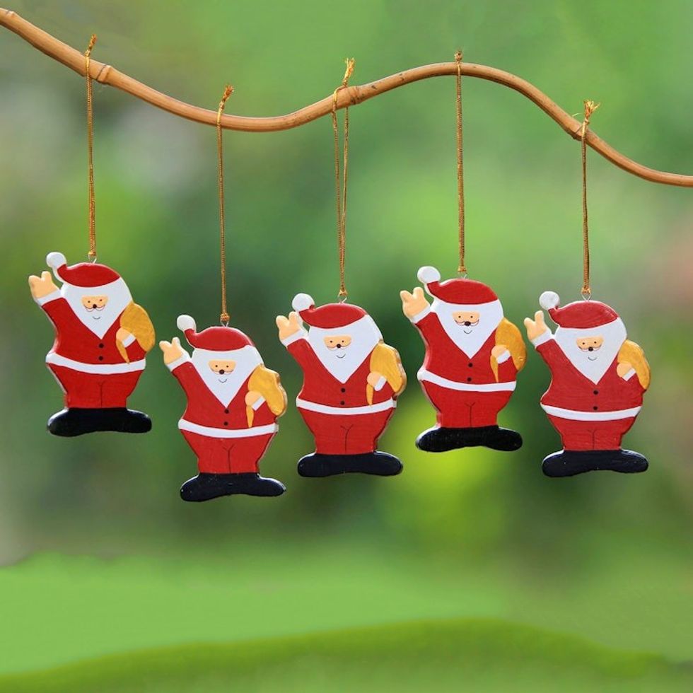 Hand-Painted Wood Santa Ornaments from Bali Set of 5 'Waving Santa'