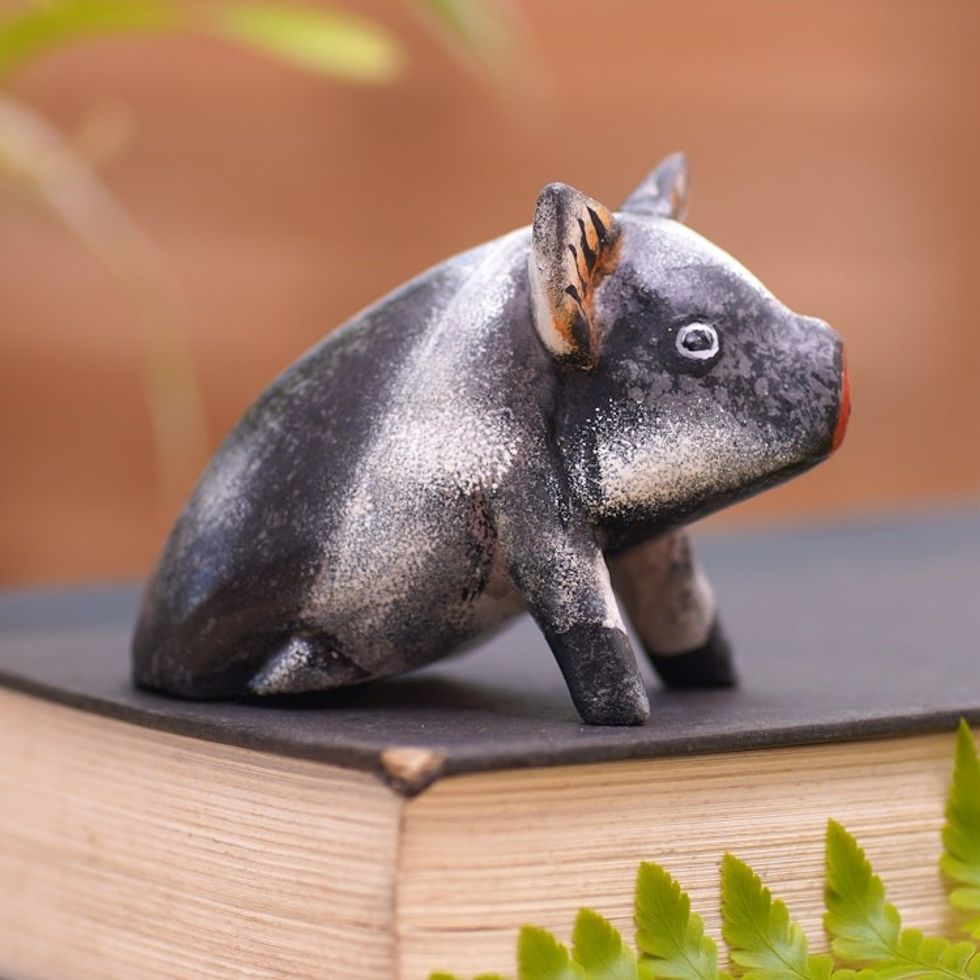 Artisan Crafted Suar Wood Piglet Statuette 'Piglet'