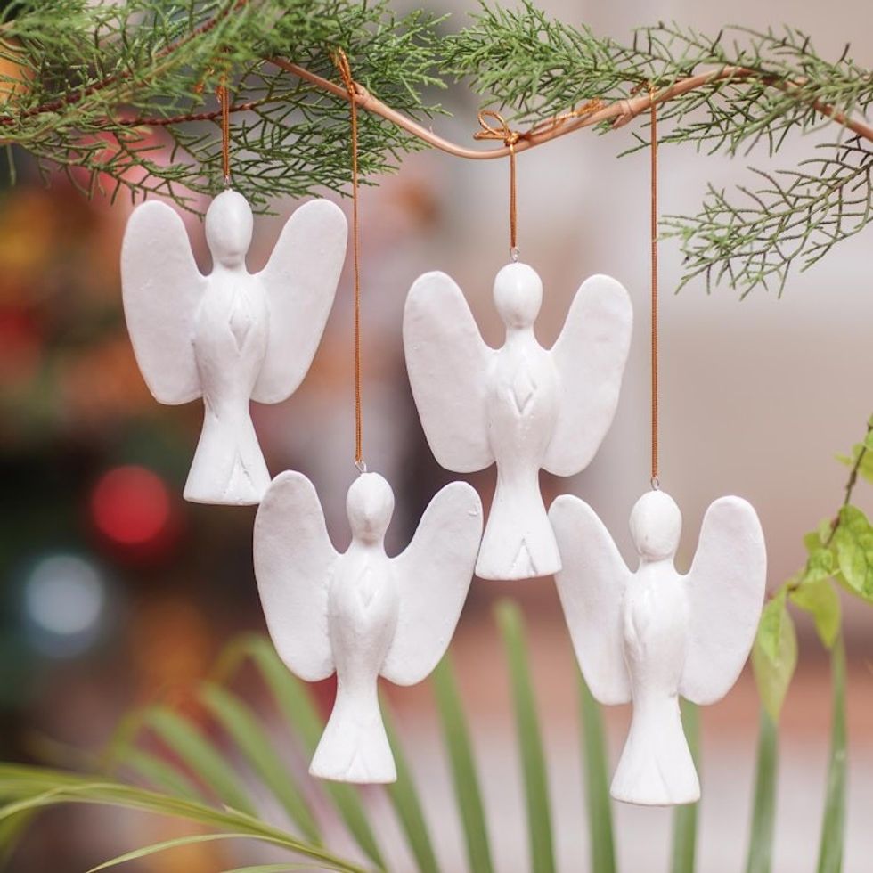 White Wood Angel Ornaments from Bali Set of 4 'Silent Angels'