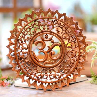 Alternate image for Hand Carved Suar Wood Sanskrit Om Sign Outlined with Lotuses Lotus Om