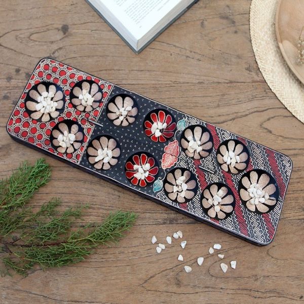 Alternate image for Hand-painted Wood Batik Mancala Board Game from Indonesia Fun Parang Blue