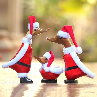 Alternate image for Set of 3 Bamboo Root and Wood Santa Duck Decorative Accents Santa Ducks