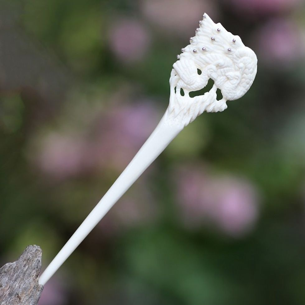 Bone and Sterling Silver Peacock Hair Pin from Bali 'Peacock Love'