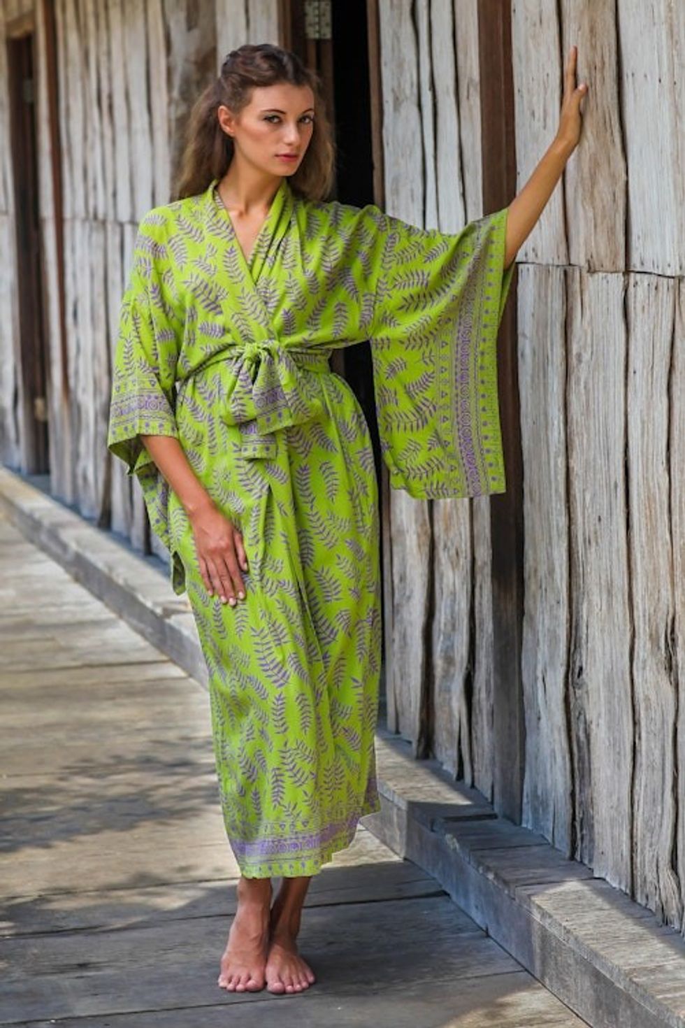 Balinese Green and Purple Fern Leaf Rayon Kimono Style Robe 'Tropical Fern Forest'