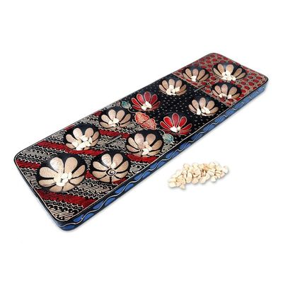 Alternate image for Hand-painted Wood Batik Mancala Board Game from Indonesia Fun Parang Blue