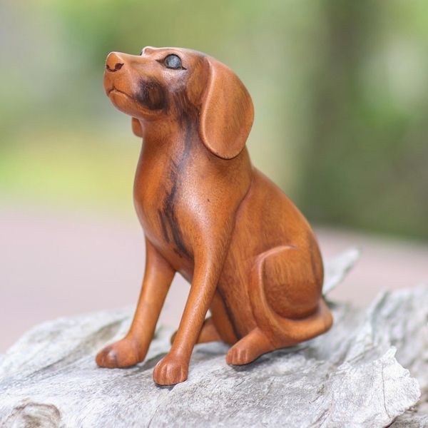 Alternate image for Artisan Handcrafted Suar Wood Dog Sculpture from Bali Loyal Dog