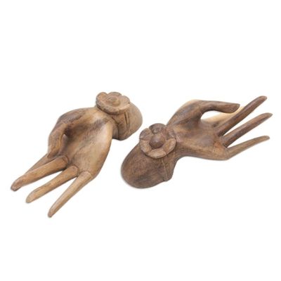 Alternate image for Set of 2 Carved Floral Hibiscus Wood Sculpture of Hands Passion Hands