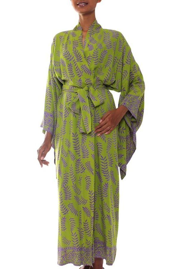 Alternate image for Balinese Green and Purple Fern Leaf Rayon Kimono Style Robe Tropical Fern Forest
