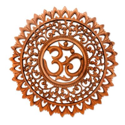 Alternate image for Hand Carved Suar Wood Sanskrit Om Sign Outlined with Lotuses Lotus Om