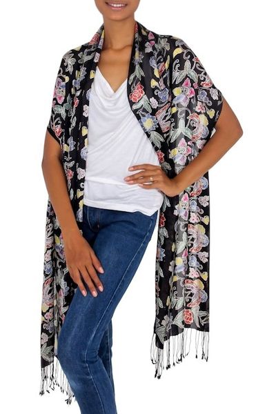 Alternate image for Balinese Black Silk Hand Stamped Floral Batik Shawl Night in the Garden