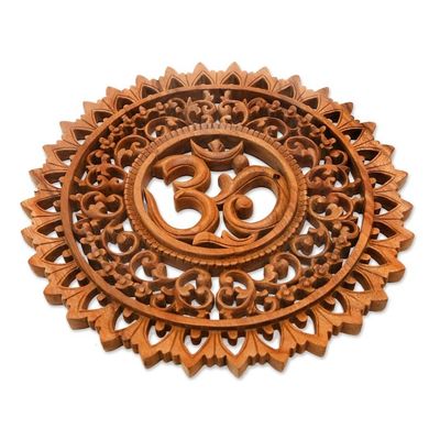 Alternate image for Hand Carved Suar Wood Sanskrit Om Sign Outlined with Lotuses Lotus Om