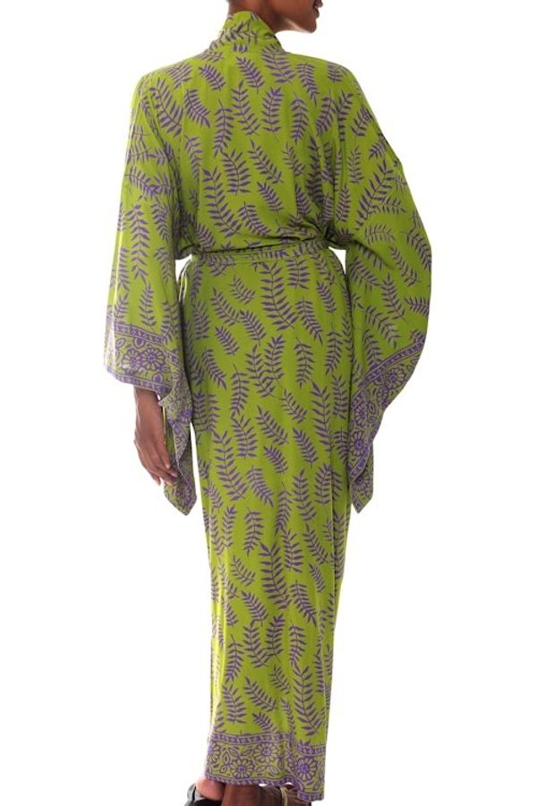 Alternate image for Balinese Green and Purple Fern Leaf Rayon Kimono Style Robe Tropical Fern Forest