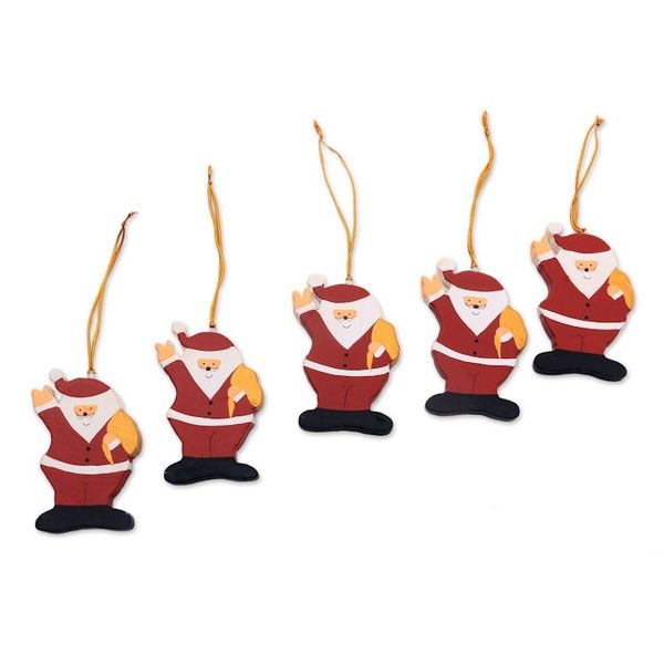 Alternate image for Hand-Painted Wood Santa Ornaments from Bali Set of 5 Waving Santa