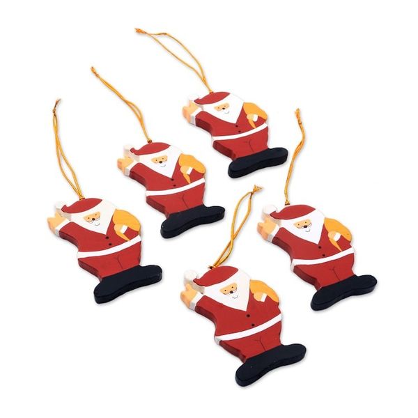 Alternate image for Hand-Painted Wood Santa Ornaments from Bali Set of 5 Waving Santa