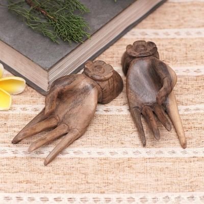 Alternate image for Set of 2 Carved Floral Hibiscus Wood Sculpture of Hands Passion Hands
