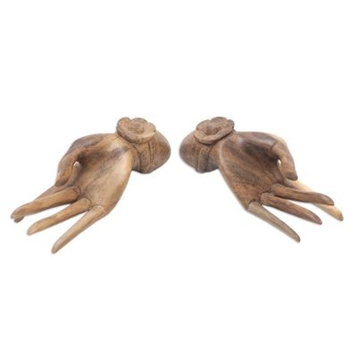 Alternate image for Set of 2 Carved Floral Hibiscus Wood Sculpture of Hands Passion Hands