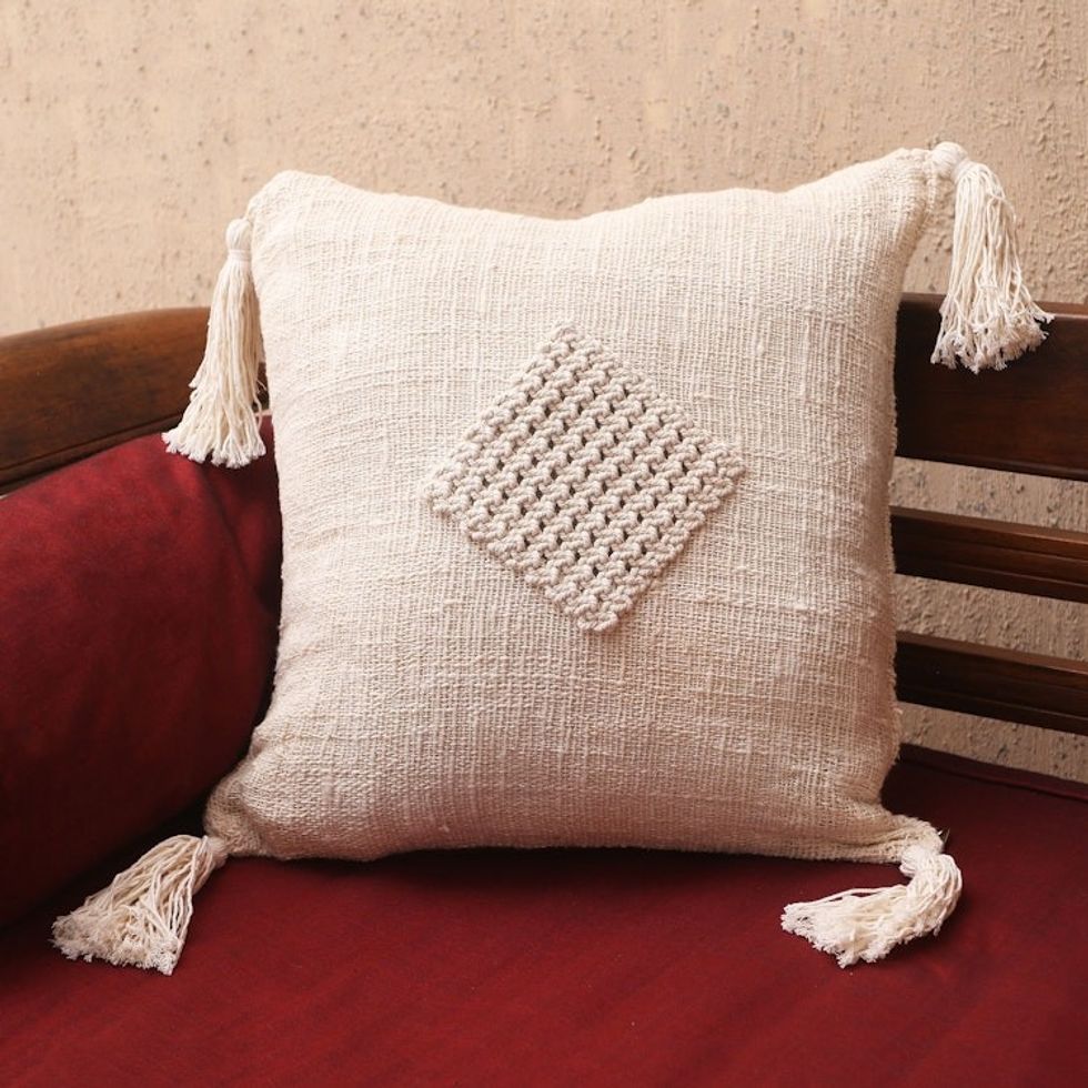 Cotton Macrame Zippered Cushion Cover 'Gathered Attention'