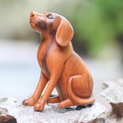 Alternate image for Artisan Handcrafted Suar Wood Dog Sculpture from Bali Loyal Dog