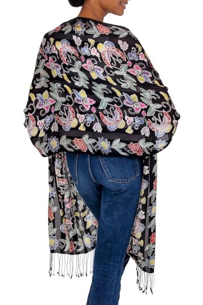 Alternate image for Balinese Black Silk Hand Stamped Floral Batik Shawl Night in the Garden