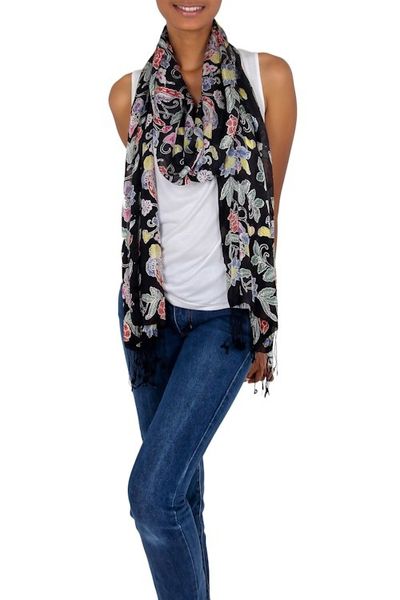 Alternate image for Balinese Black Silk Hand Stamped Floral Batik Shawl Night in the Garden