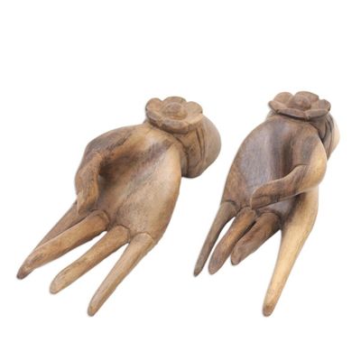 Alternate image for Set of 2 Carved Floral Hibiscus Wood Sculpture of Hands Passion Hands