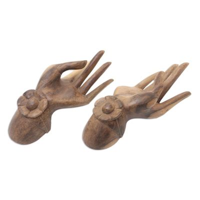Alternate image for Set of 2 Carved Floral Hibiscus Wood Sculpture of Hands Passion Hands