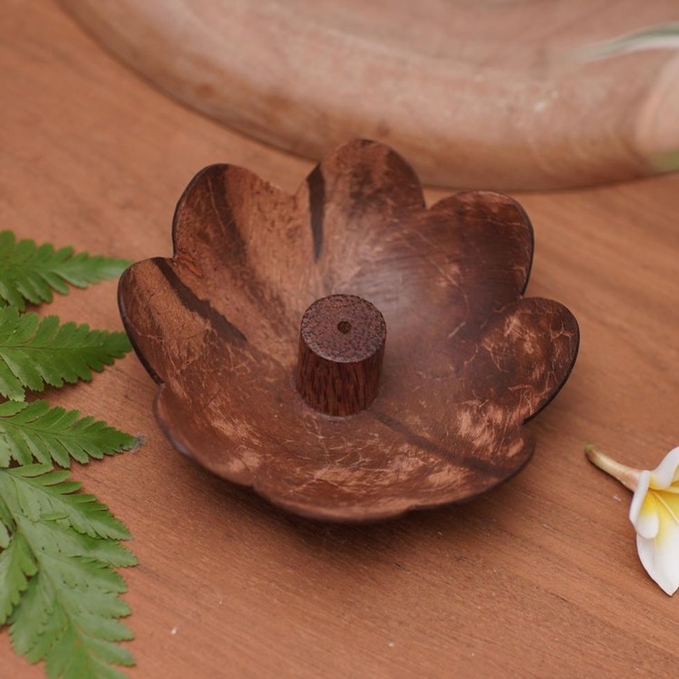 Hand Crafted Brown Coconut Shell Incense Holder from Bali 'Harmony in Petals'