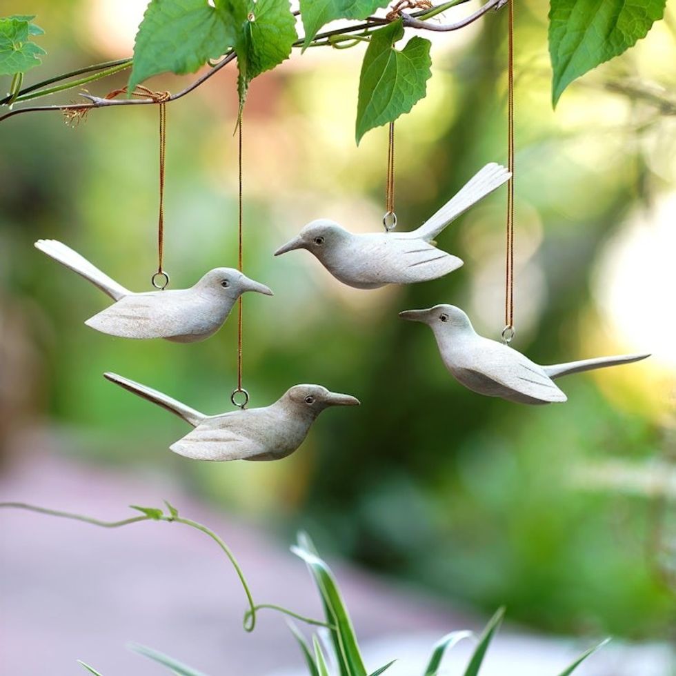 Hand Crafted Hibiscus Wood Bird Ornaments Set of 4 'Take Flight'