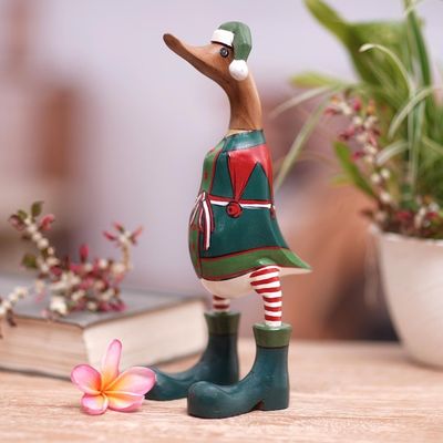 Alternate image for Hand-Crafted Bamboo Root and Teak Wood Elf Duck Figurine Santas Helper Duck