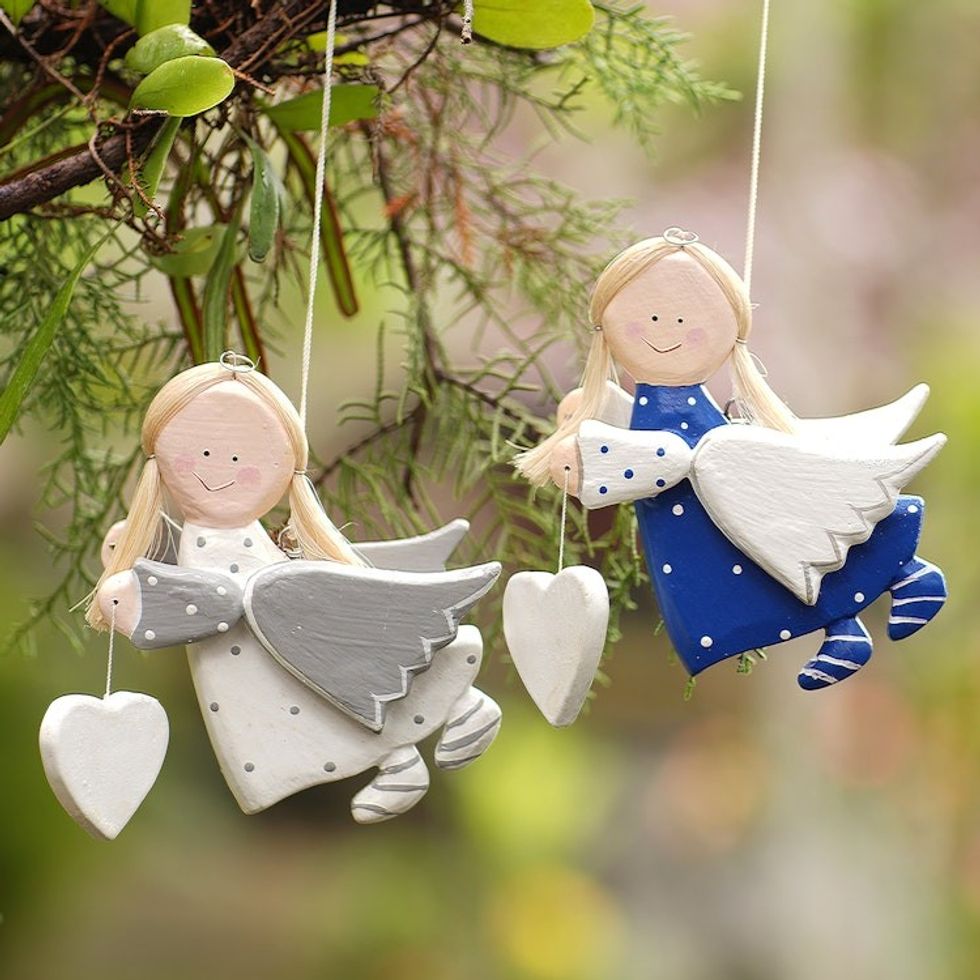 Albesia Wood Holiday Angel Ornaments Pair 'Joyous Angels'