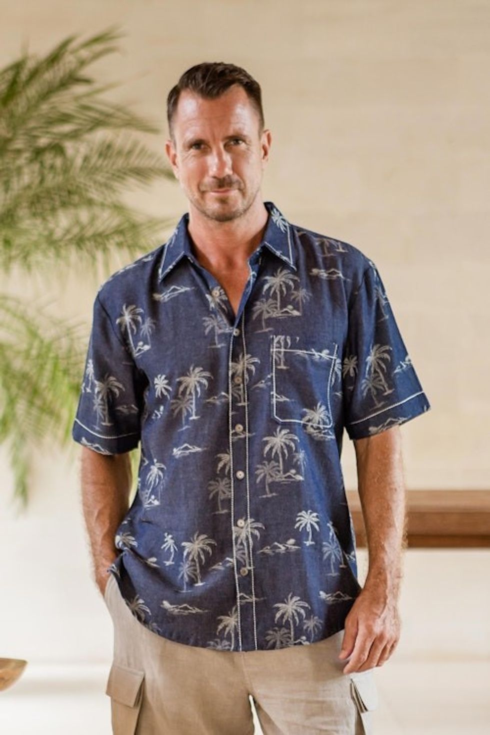 Men's Palm Tree-Patterned Cotton Shirt 'Tropical Vacation'