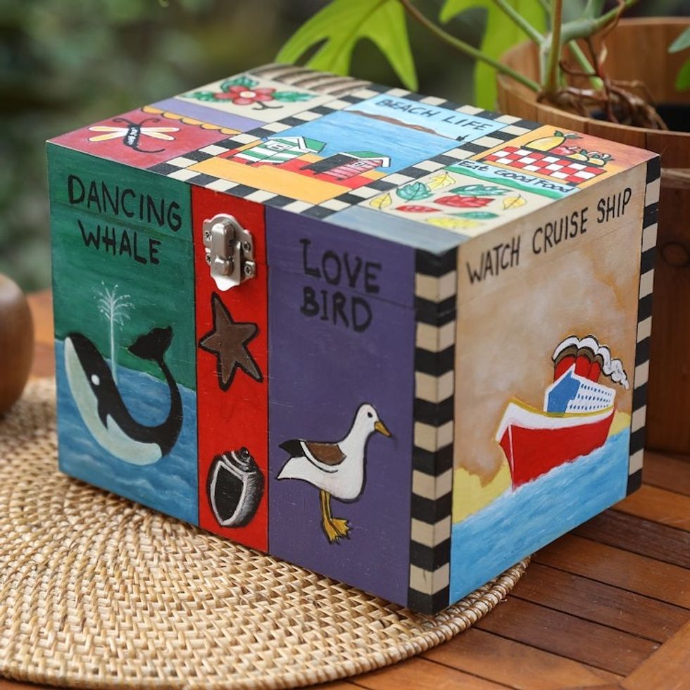 Hand-Painted Wood Decorative with Box Toggle Latch Closure 'Coastal Life'