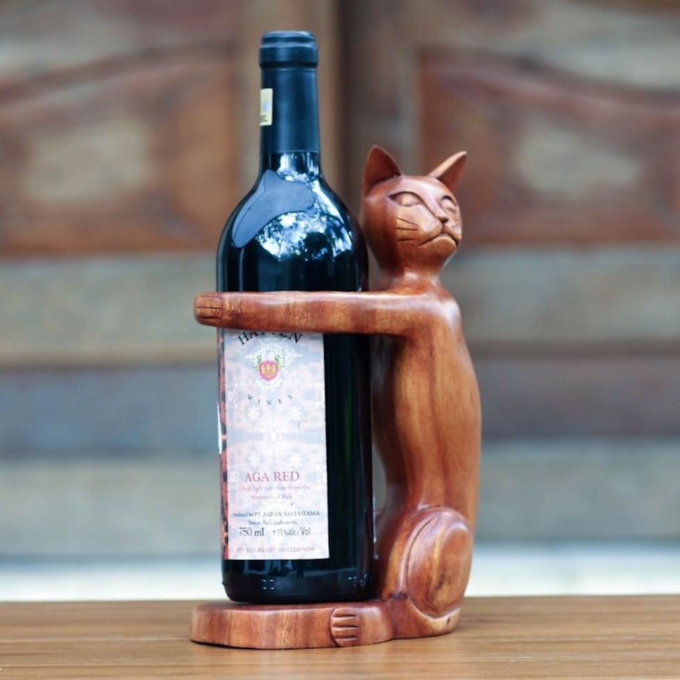 Hand Carved Wooden Cat Wine Bottle Holder 'Wine-Loving Cat'